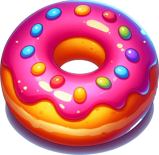donut cartoon 2d, blank background.
Single Game Texture.  In-Game asset.  2d.  Blank background.  High contrast.  No shadows