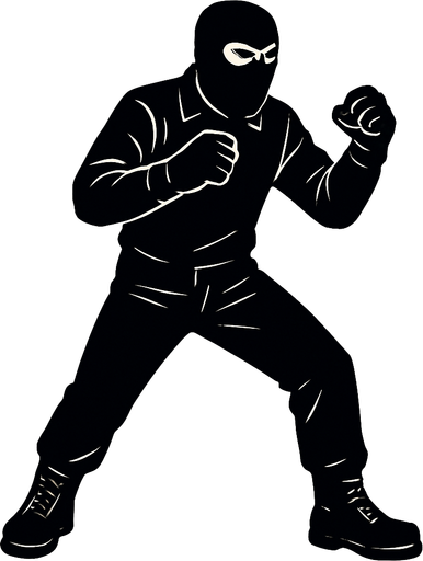 hombre con camisa negra de manga larga, pantalones negros, botas negras y guantes negros y un pasamontañas negro en posicion de combate.
In-Game asset.  2d.  High contrast.  No shadows