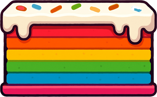 lateral view of a flat rainbow cake in rectangular platform shape for a platformer game.
In-Game asset.  2d.  High contrast.  No shadows