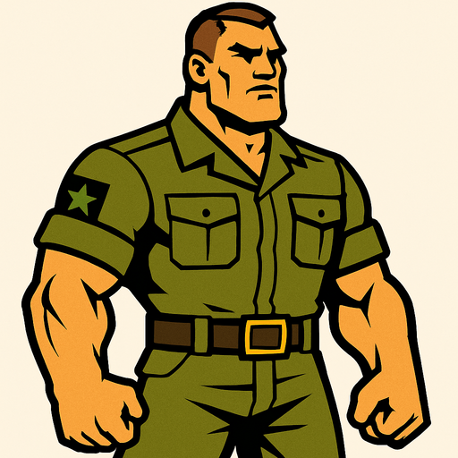 2d strong man wearing a uniform of military without helmet and looking strong.
In-Game asset.  2d.  High contrast.  No shadows