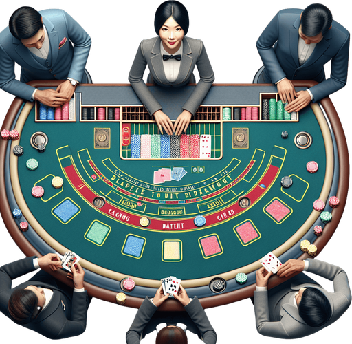 A top down view of one blackjack betting table with one dealer per table. Single Game Texture. In-Game asset. 2d. Blank background. High contrast. No shadows.