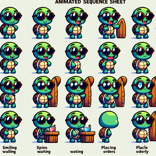 A spritesheet with a number of poses of an happy little turtle with strong eye-glasses, carrying a vertically oriented surfboard,, smiling, walking, waiting, standing, ordering, turning, etc. all seen from the side.The spritesheet should be laid out in a rectangular grid with clear space between each individual sprite. Each sprite in the sheet should be around 300x600 pixels in size.
Single Game Texture. In-Game asset. 2d. Blank background. High contrast. No shadows.