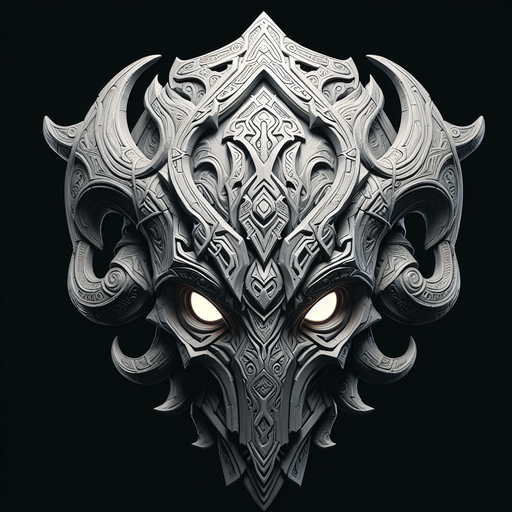 An imposing, ornate tribal mask or helmet, perhaps with glowing eyes or runic carvings..
Single Game Texture.  In-Game asset.  2d.  Blank background.  High contrast.  No shadows