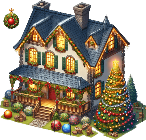 Topdown view of a very christmassy country house Single Game Texture. In-Game asset. 2d. Blank background. High contrast. No shadows.