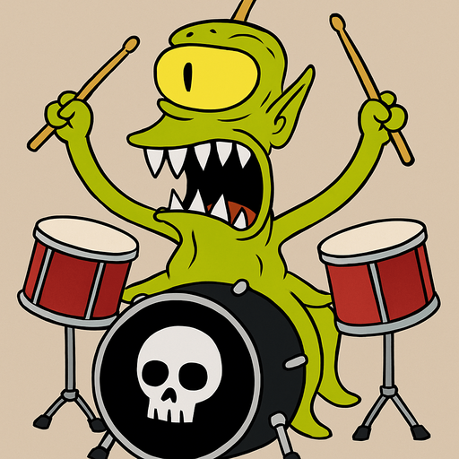Make my character have drumsticks and be on top of drums and the big drum be black and have a white skull