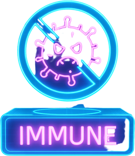 neon cyberpunk glowing IMMUNE button blue pink futuristic videogame hologram a crossed circle with cartoon microbe