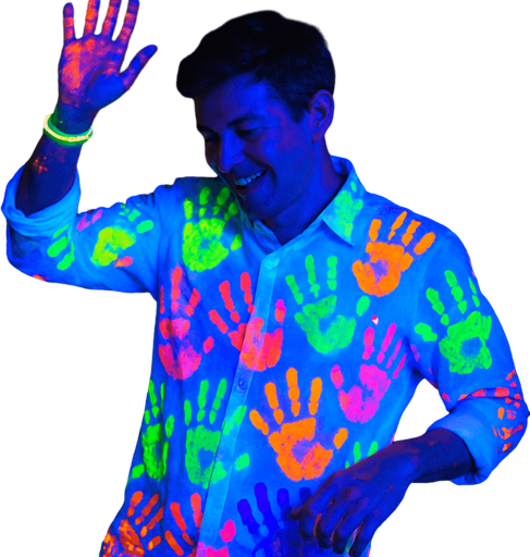 Dancing man in a white shirt filled with multi-colored UV ink palm prints. UV luminous bracelet on the arm