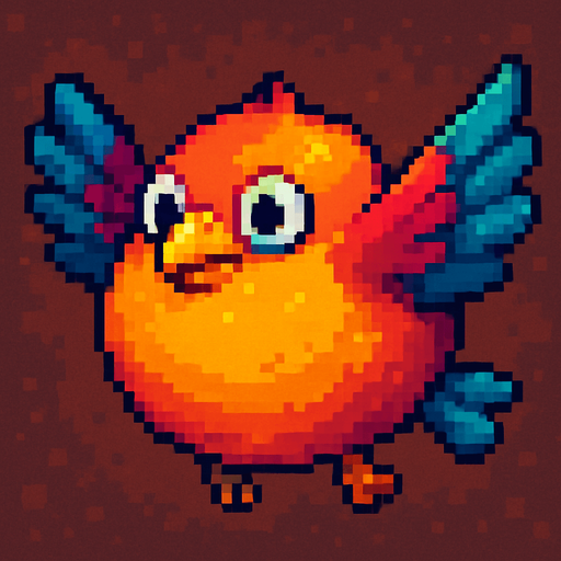 Big fat flaying bird ( Piksel art). Cute. Colorful 
In-Game asset.  2d.  High contrast.
