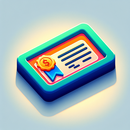 A colorfull horizontal rectangle shaped simple stock certificate icon with a badge and in perspective.
Single Game Texture. In-Game asset. 2d. Blank background. High contrast. No shadows.