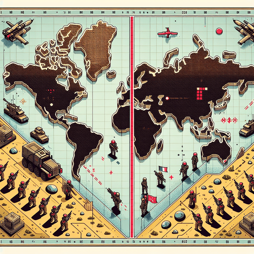 A map of a fictional world, divided in the middle by a red dashed line, which is a country border. On each side of the border, a modern army is marched up and pointing weapons at the other side. Style should be detailed illustration..
Single Game Texture. In-Game asset. 2d. Blank background. High contrast.