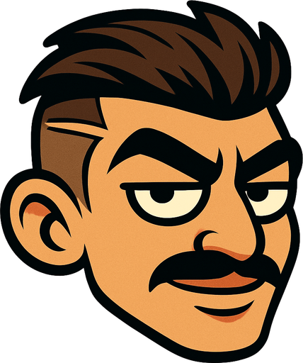 Cartoon-style head of a “keko” character inspired by Turkish street culture. The sides of his hair are shaved short, and the top is longer with volume. A clear razor line is cut into the left side of his hair. He has a thin mustache, thick eyebrows, and half-closed, confident eyes. His expression is bold and slightly smug. Skin tone is tan or medium. Facial features are sharp and masculine. The style is cartoonish, not realistic. The background is simple to keep focus on the head. The head is slightly tilted forward, as if flying like in Flappy Bird. Add a playful but tough street vibe..
In-Game asset.  2d.  High contrast.  No shadows
