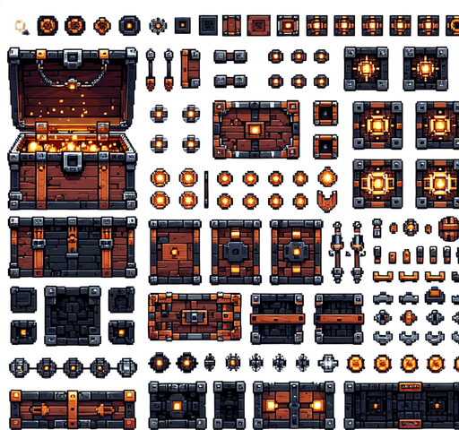 Create a sprite sheet featuring various components of a open chest, incorporating dungeon design elements. The design should include top-down views of dungeon chest. Each part should be distinct, with a cohesive color scheme of wood upholstery, dark orange and silver, accented by glowing lights for a fantasy look. The style should be detailed pixel art, reminiscent of classic 32-bit era video games, with glowing lights serving as style guides. Arrange the components on a dark background, with each part neatly aligned in rows and columns for easy identification and use in game development..
Single Game Texture. In-Game asset. 2d. Blank background. High contrast. No shadows.