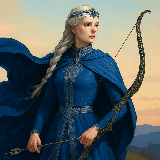 A noblewoman-archer dressed in royal blue and silver, standing on a hilltop during dawn. Female, 30 years old, graceful but strong, with long platinum blonde hair in a braid, storm-grey eyes, and porcelain skin. She wears a sapphire-encrusted circlet and carries an ornate elven longbow. Her cloak flutters in the wind. Realistic, highly detailed, elegant fantasy tone. relistic.
In-Game asset.  2d.  High contrast.  No shadows