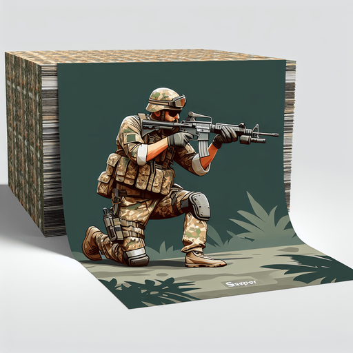 jungle soldier stand shoot the target right direction.
Single Game Texture.  In-Game asset.  2d.  Blank background.  High contrast.  No shadows