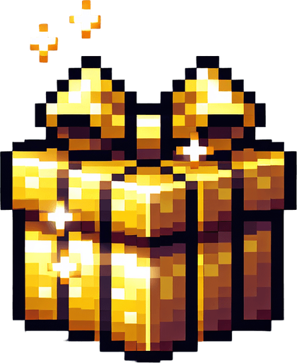 Pixel art of a golden christmas present. Single Game Texture. In-Game asset. 2d. Blank background. High contrast. No shadows.