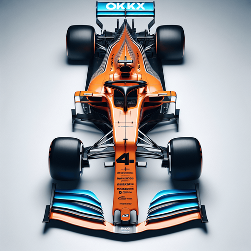 Photorealistic F1 McLaren race car, Top view. 
Orange coloured body and black thick stripe with white Chrome text where the o letter is Google chrome logo. 
Skyblue lines on nose sides. 
Silver 4 number on nose. 
Black OKX text on rear wing.