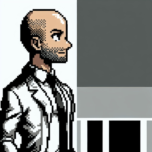 8-bit. cartoon. fancy office person. bald. seen from the side. in game assset. Single Game Texture. In-Game asset. 2d. Blank background. High contrast. No shadows.