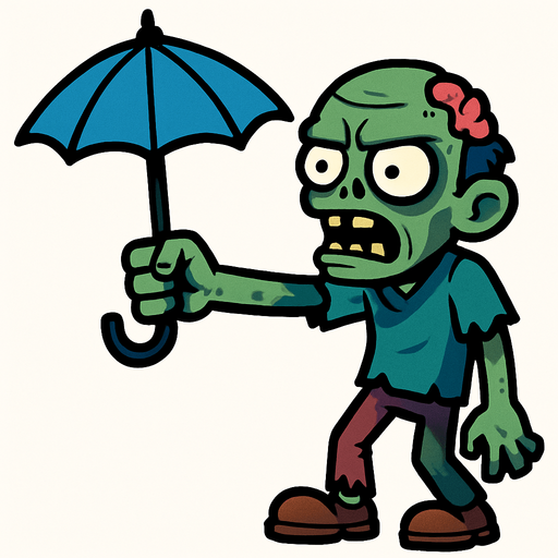 a zombie raises an umbrella forward.
In-Game asset.  2d.  High contrast.  No shadows