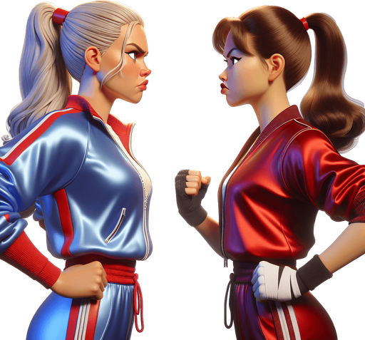 Breast to breasts. Друг против друга стоят. eye to eye. Beautiful blonde norwegian girl in satin track jacket tracksuit color blue vs beauty brunette asian girl in silk track jacket tracksuit color red. Руки за спиной грудь вперед. Смотрят боком стоят в профиль гордо подбородок вверх. Cartoon comics. Во весь рост. Гордые, красивые, злые, раздраженные, с призрением смотрят, скривили губы. Tracksuit track jacket shiny satin. Ноги в кроссовках, блондинка в белых кроссовках, брюнетка в черных кроссовках спорт. Драка бой удары борьба.
Single Game Texture. In-Game asset. 2d. Blank background. High contrast. No shadows.