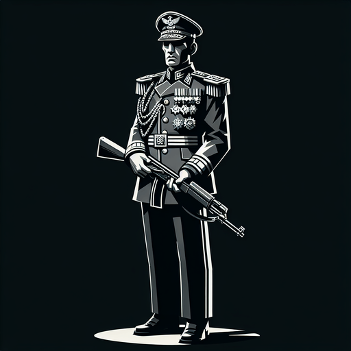 A military general holding a rifle.
Single Game Texture. In-Game asset. 2d. Blank background. High contrast. No shadows.
