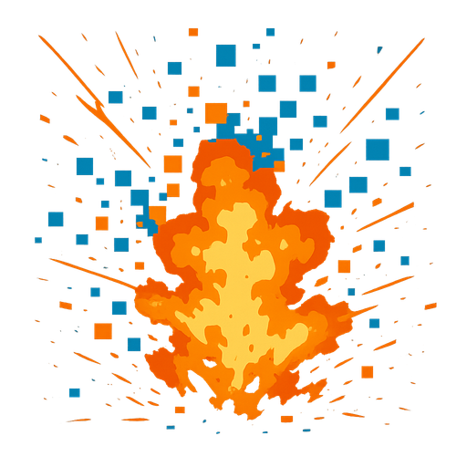 digital explosion, burnt orange neon blue, pixels, sparks.
In-Game asset.  2d.  High contrast.  No shadows