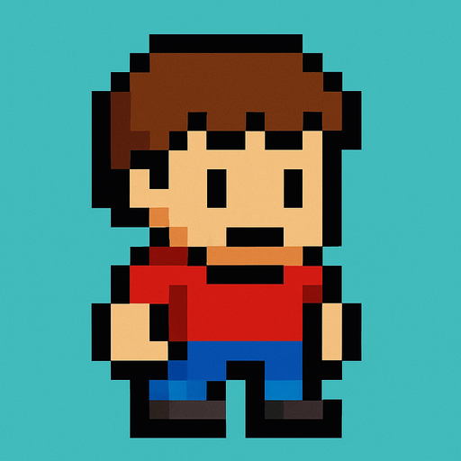 Make an 8 bit boy with brown hair.
In-Game asset.  2d.  High contrast.  No shadows