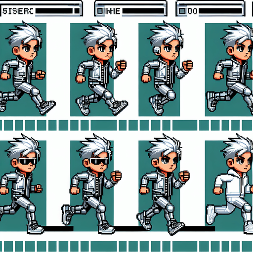 Horizontal Endless Runner Cyberpunk Kid dressed in silver with white hair and shades, running sprite sheet of 2 frames, retro super nintendo graphics..
Single Game Texture. In-Game asset. 2d. Blank background. High contrast. No shadows.