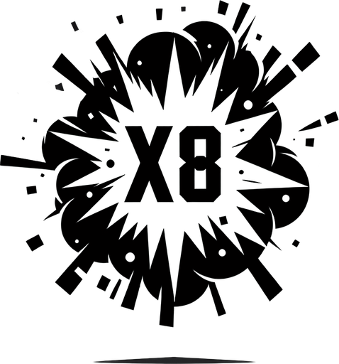 爆炸，里面有X8的字样.
Single Game Texture. In-Game asset. 2d. Blank background. High contrast. No shadows.