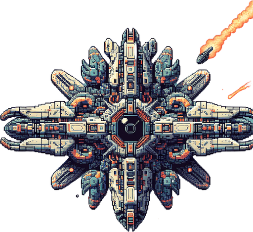 65604d9e9017209915d71b35: Top down shooter, alien space craft enemy craft, retro pixel art 
Single Game Texture. In-Game asset. 2d. Blank background. High contrast. No shadows.