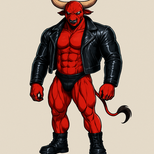 idle animation hunky Minotaur man Cyberpunk manga, minotaur monster hunk, shiny black leather biker jacket longsleeves shirtless muscles, jockstrap combat boots, Background removed, "Full-body character, entirely in frame, no cropping of face, head, or feet" "Complete character visible, from horns to hooves, fully centered in the image" "Entire character, including face and boots, fully within the frame" Character fully contained within a square frame, no edges cut off fashion model idle pose