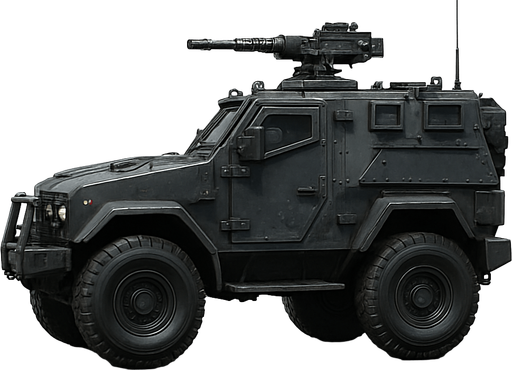 Zırhlı savaş arabası, gerçekçi, yazısız, yandan görümüm.
In-Game asset.  High contrast.  No shadows