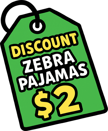 green price tag that says discount zebra pajamas $2.
In-Game asset.  2d.  High contrast.  No shadows