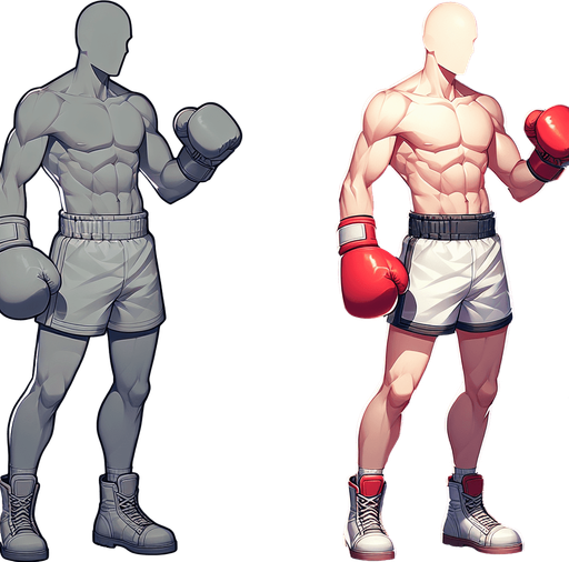 Fighter with 2 fight gloves, full body, mini fighter.
Single Game Texture. In-Game asset. 2d. Blank background. High contrast. No shadows, digital art style