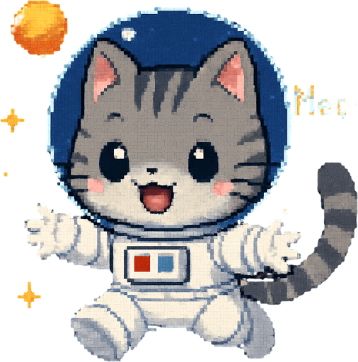 A cute gray kitten, drawn in an adorable chibi anime style and wearing an astronaut suit, floats in outer space with its little paws outstretched as if reaching out for a hug. It meows sweetly, and the entire scene is illustrated in charming Pixel Art style.