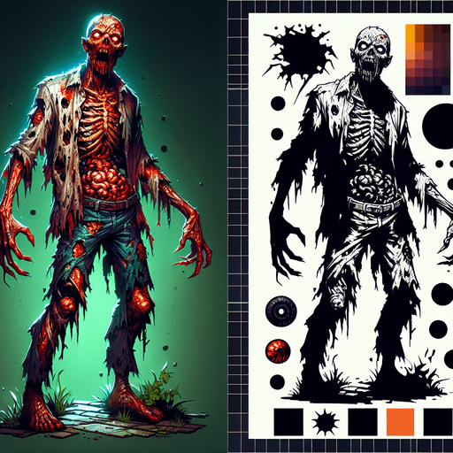 Zombie.
Single Game Texture. In-Game asset. 2d. Blank background. High contrast. No shadows.