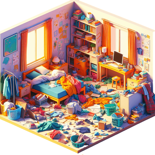 dağınık bir yatak odası, odanın içinden görünüm 3d renkli, çizgi film