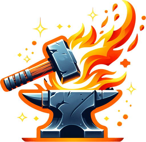 A stylized hammer striking an anvil, creating fiery sparks or engulfing the hammer head in flames..
Single Game Texture.  In-Game asset.  2d.  Blank background.  High contrast.  No shadows