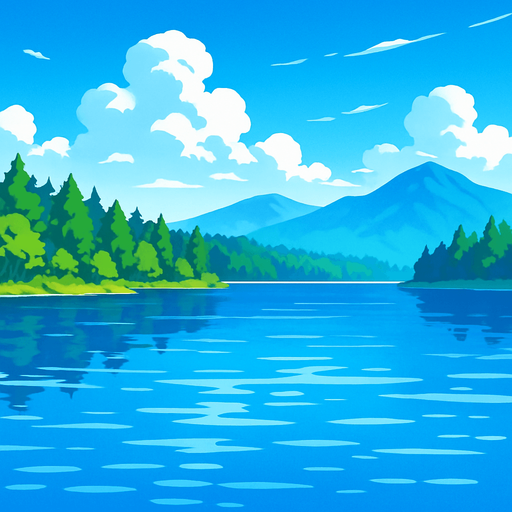 gambar anime tentang danau yang luas di pagi hari. di kejauhan hutan dan pegunungan serta langit cerah.
In-Game asset.  2d.  High contrast.  No shadows