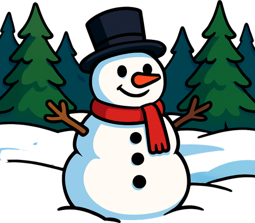 a cartoon style 3d image of a snowman in a field with pine trees in the background. no people..
In-Game asset.  2d.  High contrast.  No shadows
