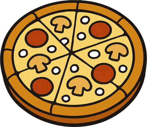 Pizza in professor Layton game style artwork.
In-Game asset.  2d.  High contrast.  No shadows
