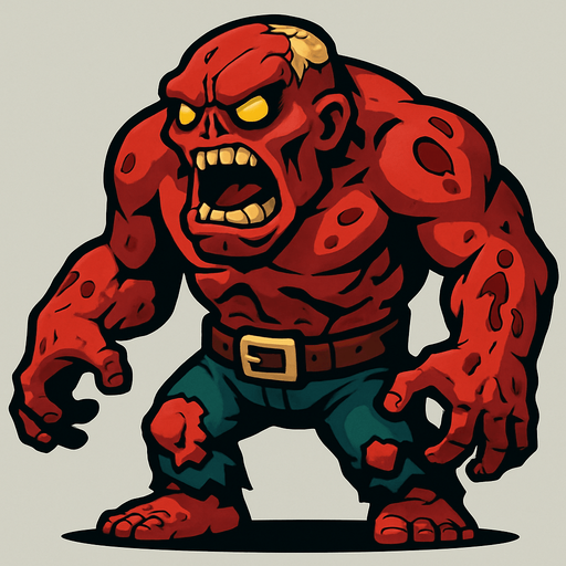 Giant boss angry reddish zombie. 2D..
In-Game asset.  2d.  High contrast.  No shadows