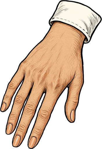 Mano de una persona femenina con camisa blanca vista desde arriba con un estilo realista.
In-Game asset.  2d.  High contrast.  No shadows