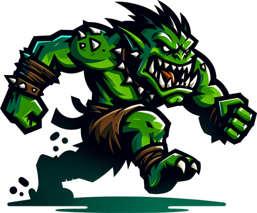 angry running green orc reptile taunting scarry.
Single Game Texture.  In-Game asset.  2d.  Blank background.  High contrast.  No shadows