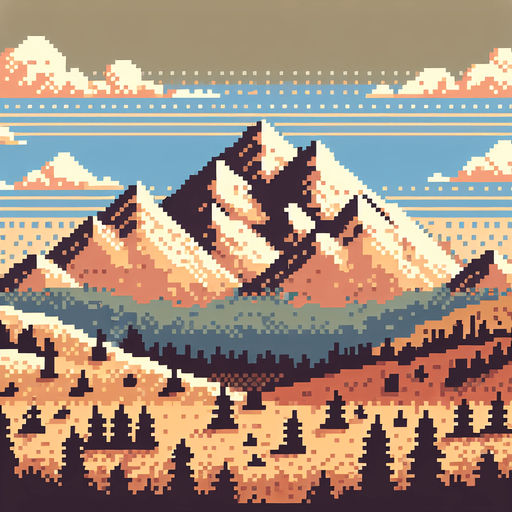 moutain landscape in pixelate look, make the background horizontally loopable.
Single Game Texture. In-Game asset. 2d. Blank background. High contrast. No shadows.