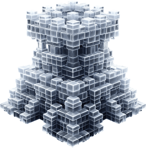 A turret tower constructed out of square ice blocks. Front view perspective. Single Game Texture. In-Game asset. 2d. Blank background. High contrast. No shadows.