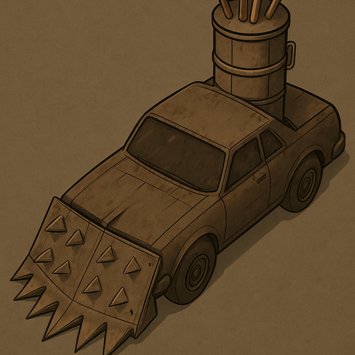 A Mad Max style car will be old and will have a metal spiked plate on the front and will have a top view of the car