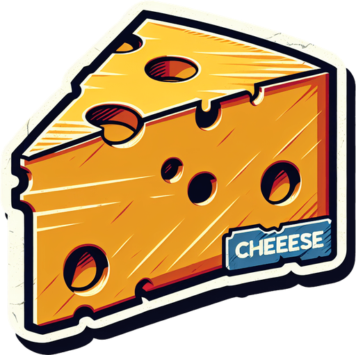 Worn out sticker for a video game, 90s style, cheese, simple, vintage.
Single Game Texture. In-Game asset. 2d. Blank background. High contrast. No shadows.