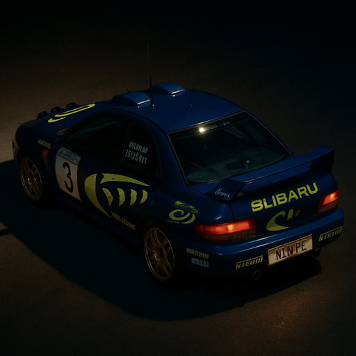 Photorealistic 1990'S Subaru Impreza WRC Rallycar in nightlight, drone topview from back and 45 degrees angle in top right corner