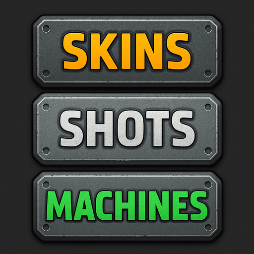 pack of different 3 buttons "skins""shots""machines", metal texture, different color for metal and for text.
In-Game asset.  2d.  High contrast.  No shadows