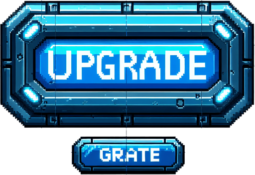 Pixelart. A blue metallic rectangular interface button from a spaceship with the lettering 'UPGRADE' on it..
Single Game Texture. In-Game asset. 2d. Blank background. High contrast. No shadows.